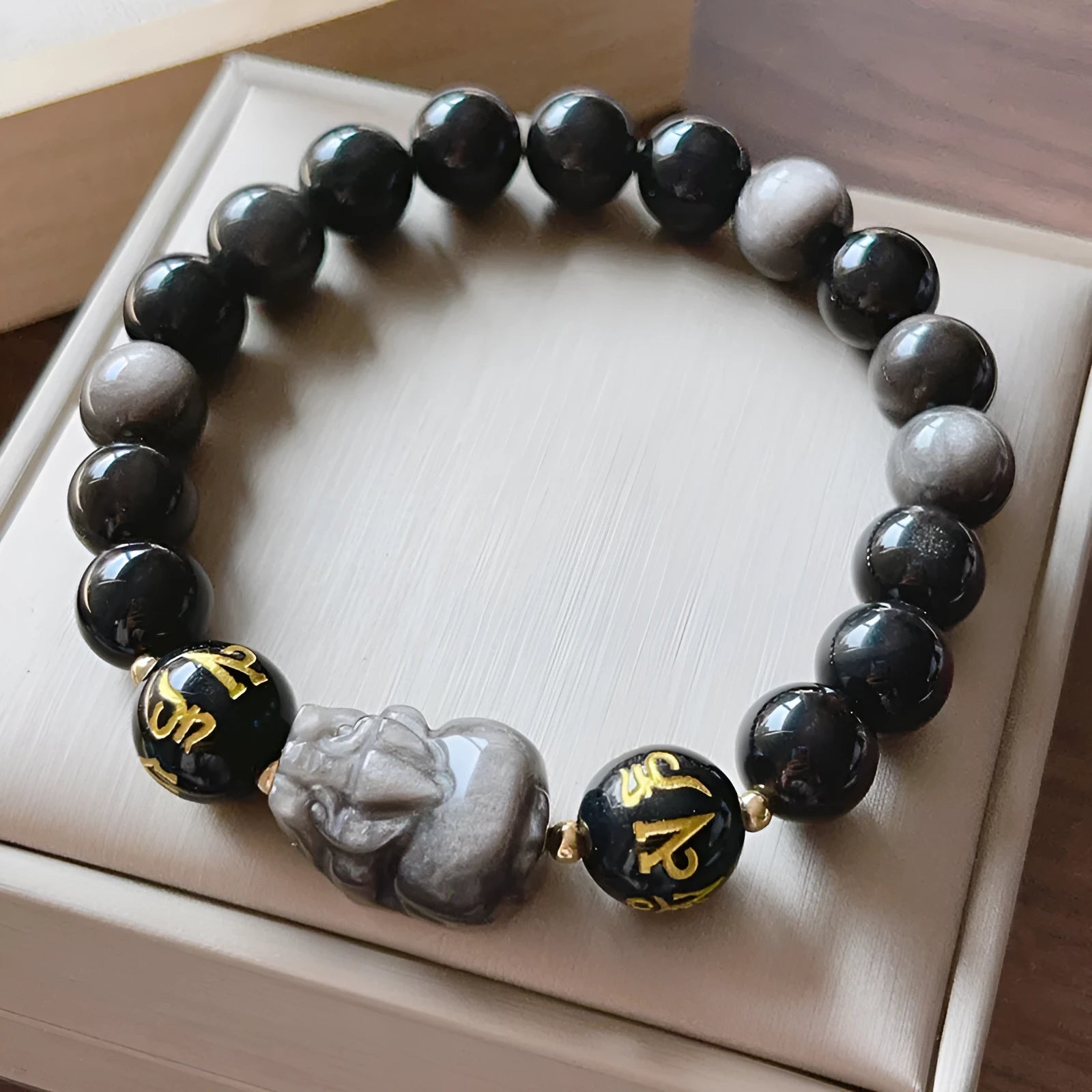 Men's silver stone bracelet with zodiac signs and Chinese proverb beads
