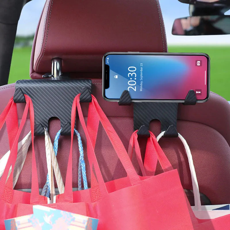 Black car hook and mobile phone bracket for rear seat storage organisation