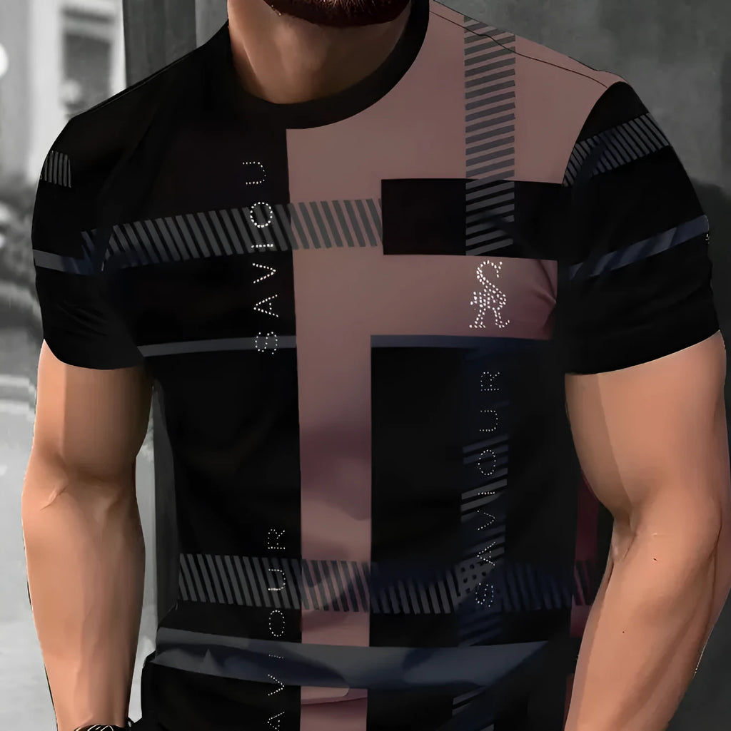 Men's loose grey T-shirt with colourful 3D printed vertical stripes, short sleeves, casual fit