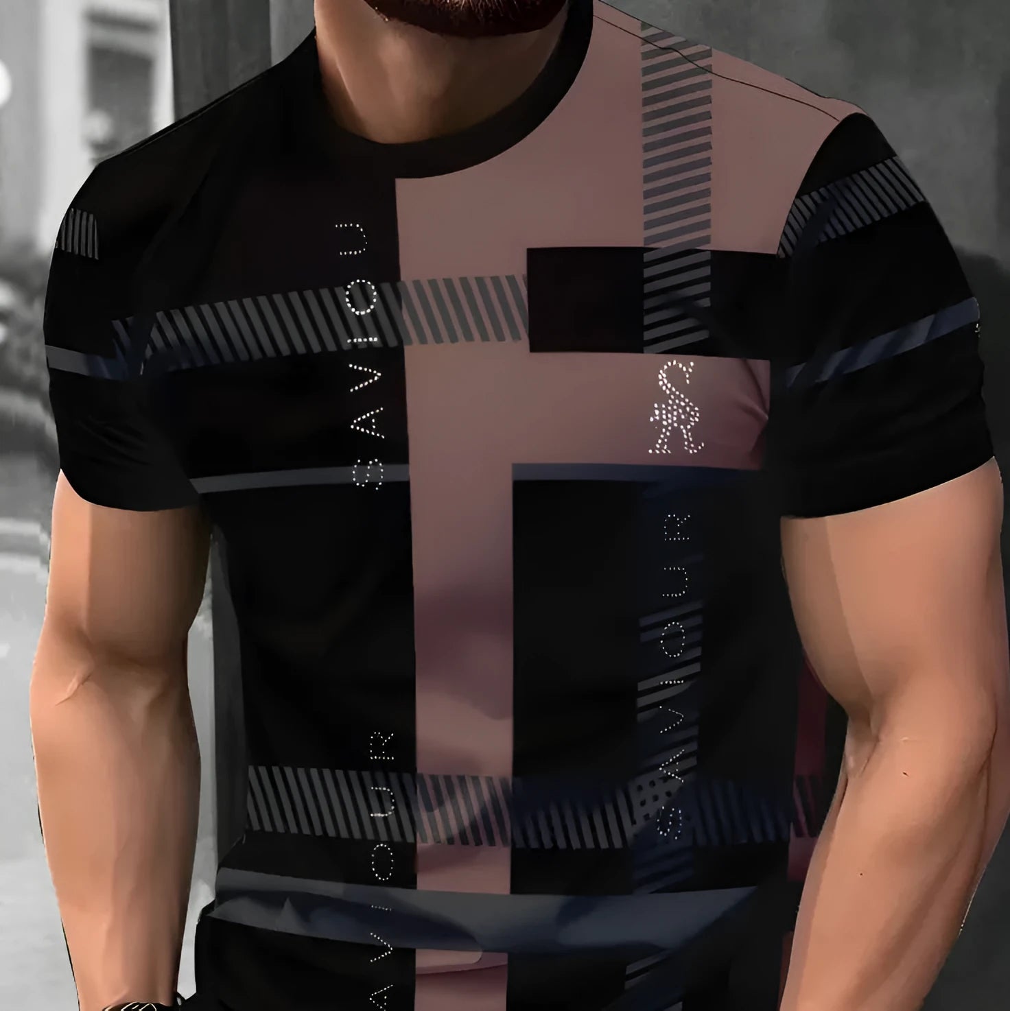 Men's loose grey T-shirt with colourful 3D printed vertical stripes, short sleeves, casual fit