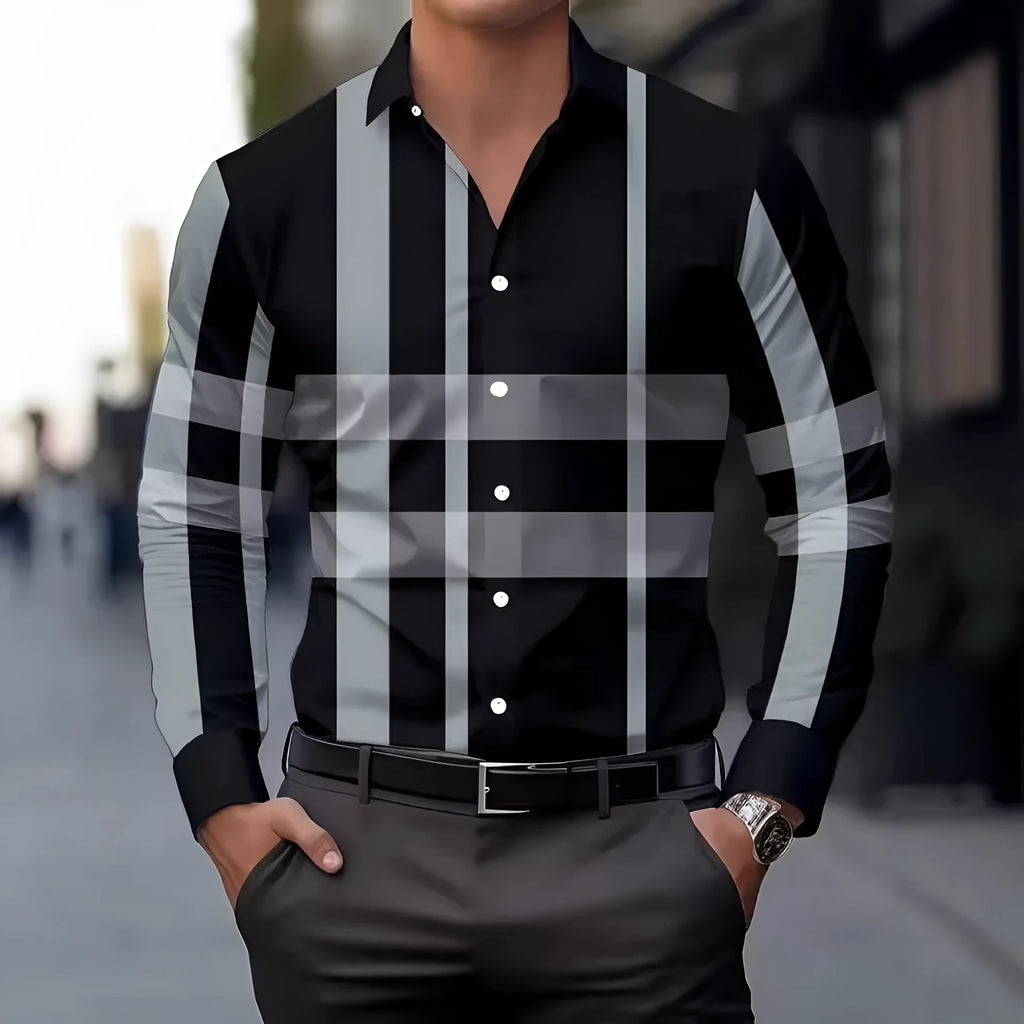 Men's long sleeve button-down shirt with striped pattern on lapel in polyester fabric