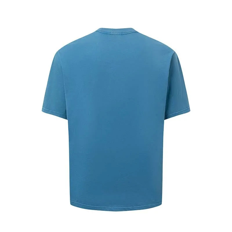 Men's blue loose fit cotton blend T-shirt featuring a large American retro style white letter print on the front.