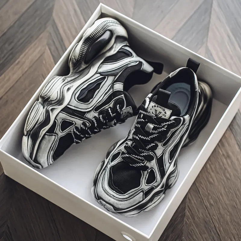 Men's black mesh height increasing sneaker with platform sole and lace-up front.