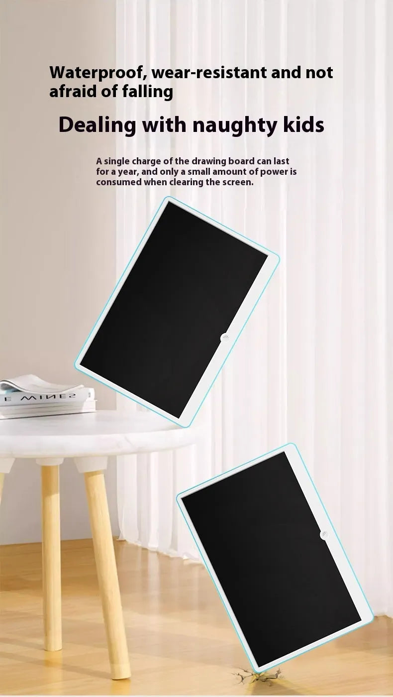 19-inch blue and white rechargeable LCD children's drawing board with stylus on a table