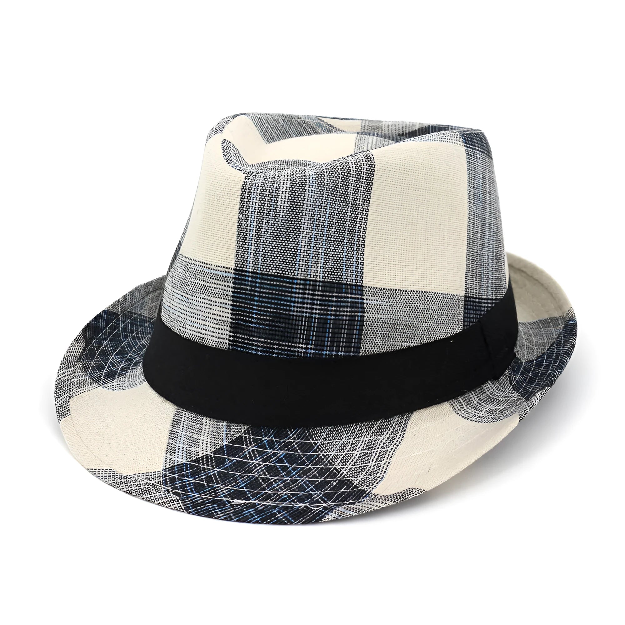 A black polyester sun hat with a straw-like texture, bell-shaped crown, and a medium brim.