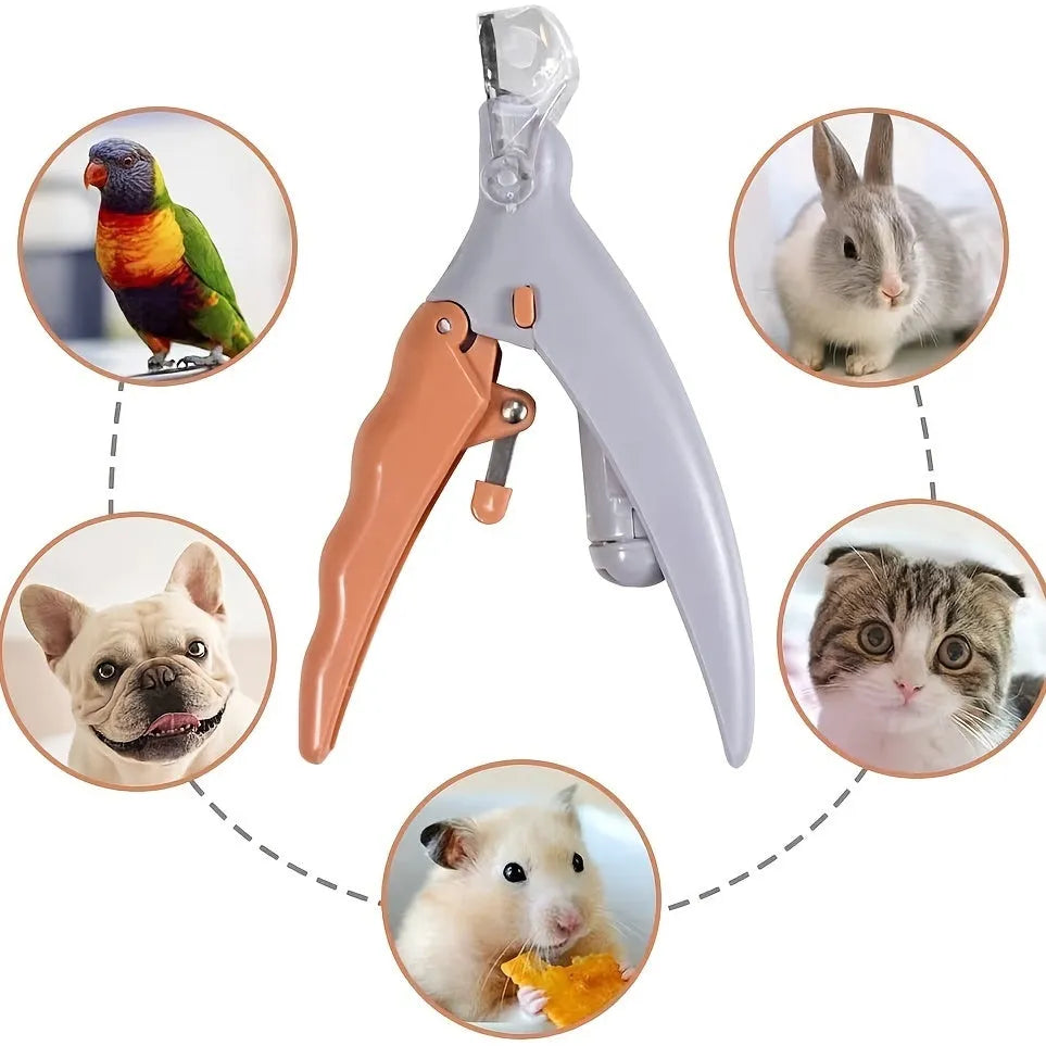 Yellow LED pet nail trimmer with magnifying glass for dogs and cats on a white background.