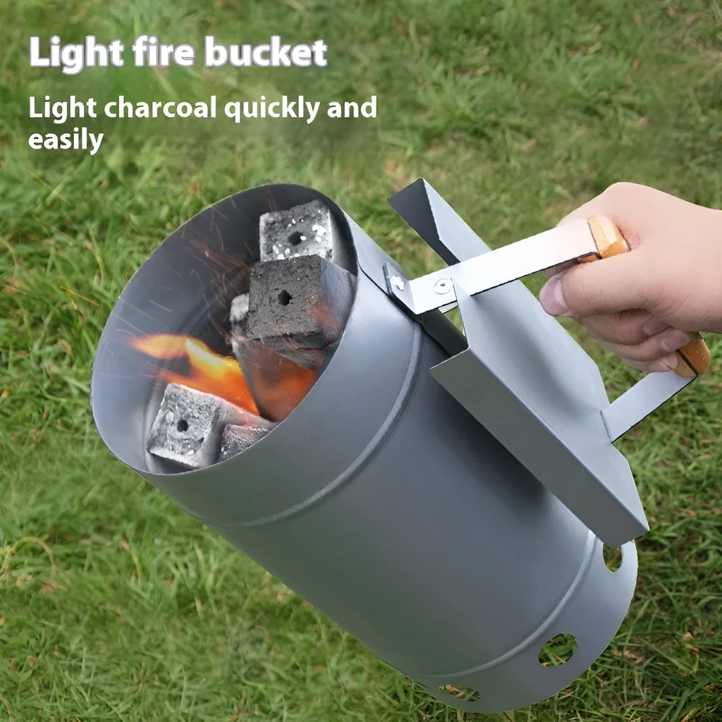 Zinc-iron alloy outdoor charcoal fire starter igniter with pointed carbon barrel.