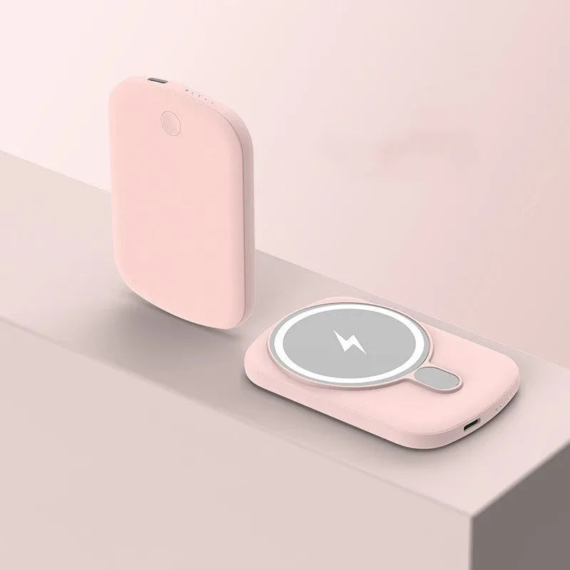 Magsafe magnetic wireless power bank in black, pink, white, or purple with creative plastic design.