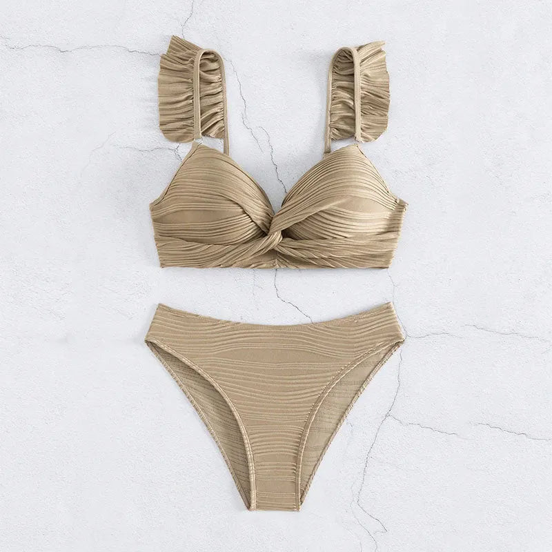 Solid colour women's polyester bikini swimsuit in black or khaki, sizes S M L XL.