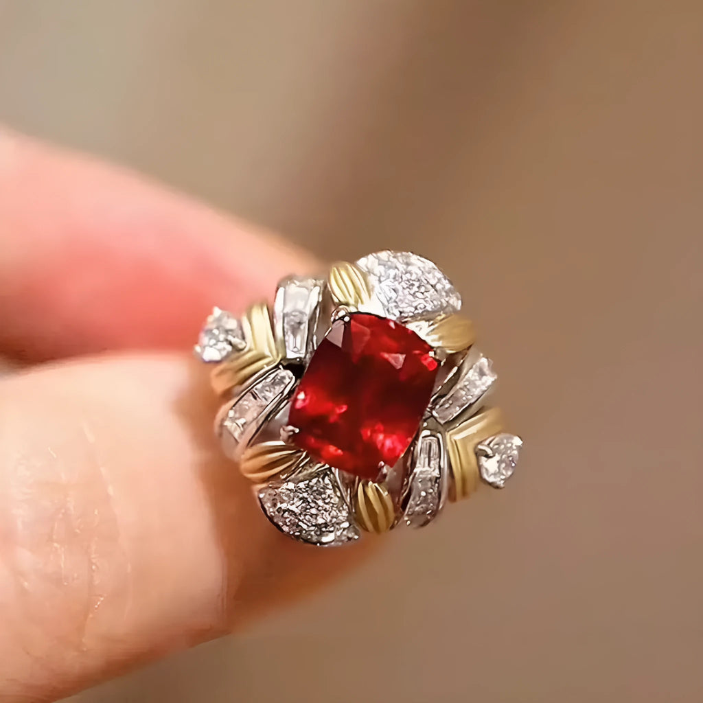 S925 sterling silver geometric micro inlay ring in gold finish on white background