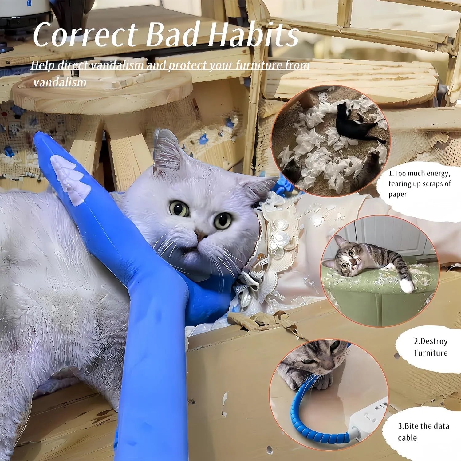 Blue and pink plush cat wand toy with foam-filled head measuring 70cm long