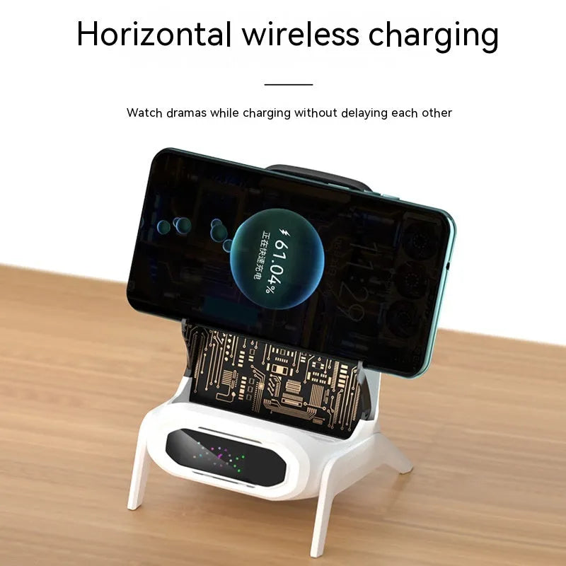 Transparent small chair wireless charger phone stand in white, pink, and blue colours with 100W magnetic suction quick charging