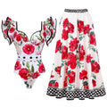 Women's printed one-piece swimsuit in polyester, showing floral and striped pattern options.