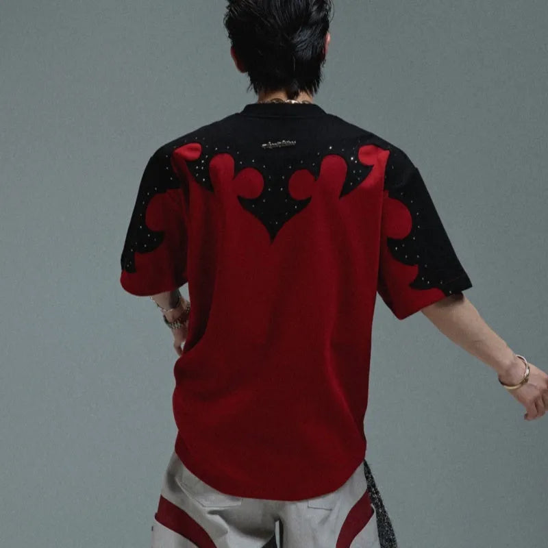 Men's cotton shirt with burnt flower embroidery and rhinestone detailing on chest, available in red, white, grey colours.