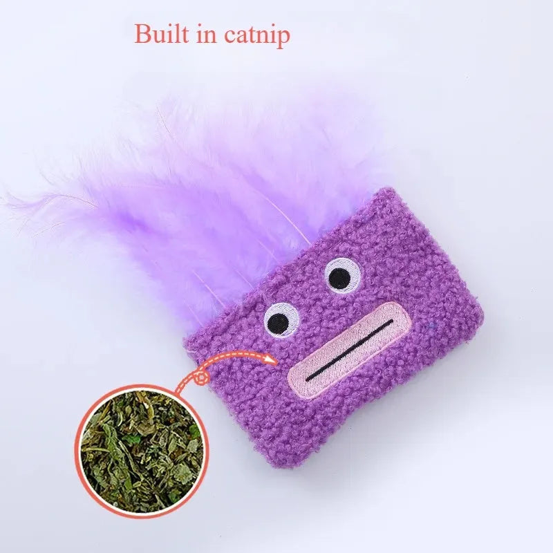 Catnip plush toy with funny big mouth explosion head design in blue green orange purple colours