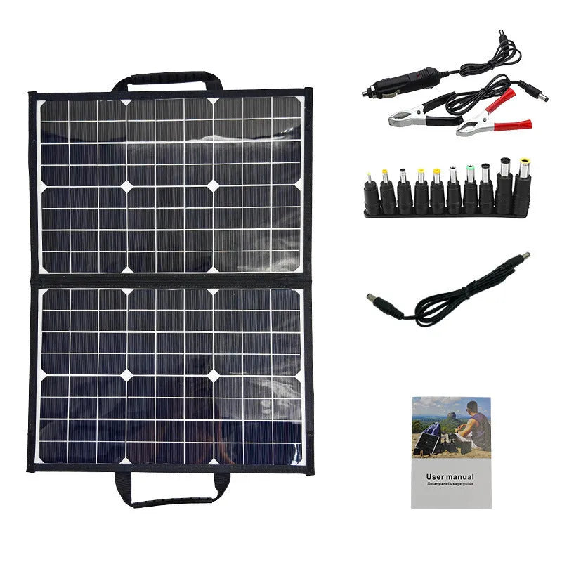 Black 40W single crystal solar panel in a folding bag, shown folded to compact size for portable charging.