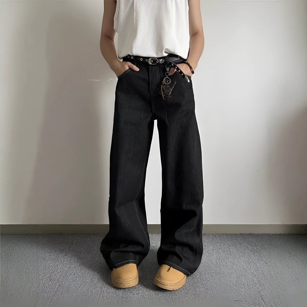 Black retro straight-leg jeans with loose wide-leg fit and zip fly