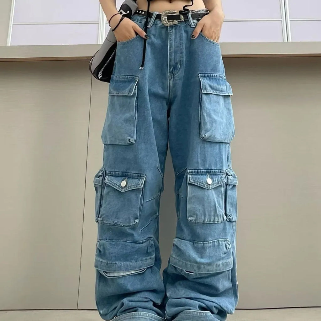 Blue tie-dye women's high waist wide leg denim trousers with multiple pockets on a mannequin.