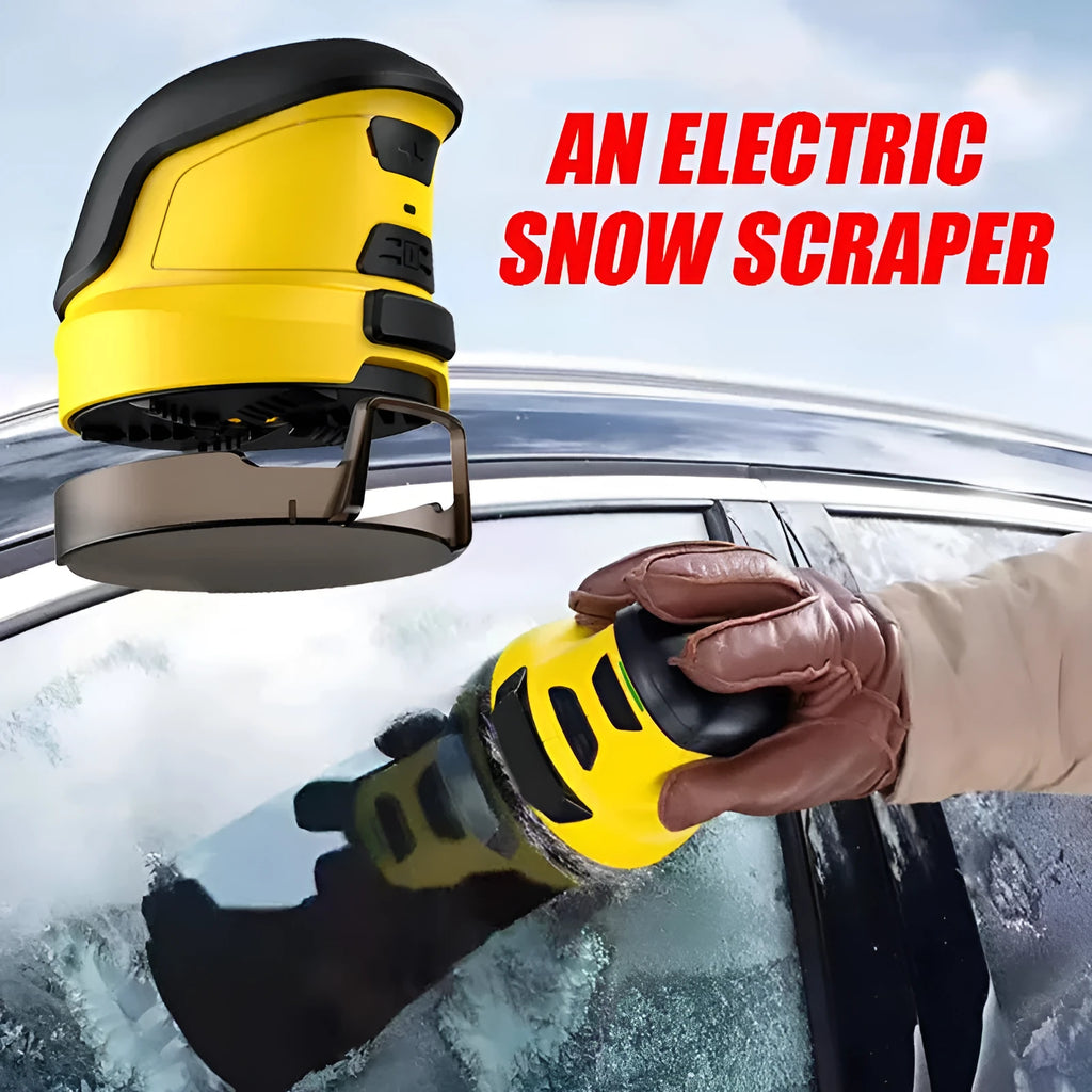 Cordless electric snow scraper in yellow ABS plastic with charging cable, measuring 118mm tall
