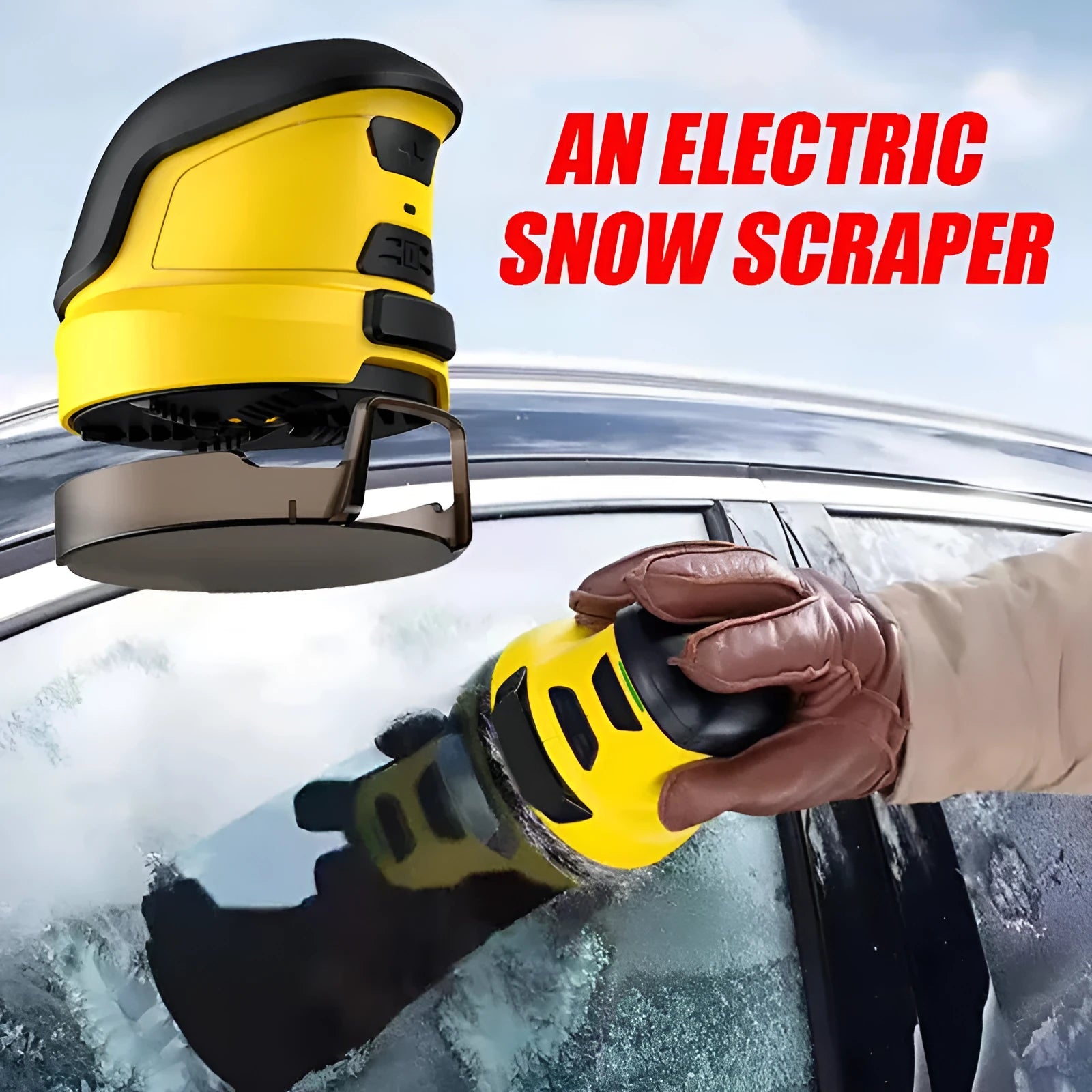 Cordless electric snow scraper in yellow ABS plastic with charging cable, measuring 118mm tall