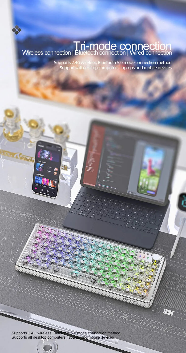 Attack Shark K75 RGB transparent mechanical keyboard showing lighting through polycarbonate housing