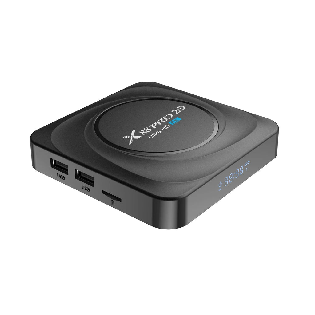 Set-top dual-band WiFi Bluetooth TV box with Android 11.0 and HDMI output, 100x100x1 mm