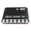 Black DTS digital to analogue audio decoder with optical coaxial and stereo inputs, 5.1 channel RCA outputs, and USB port