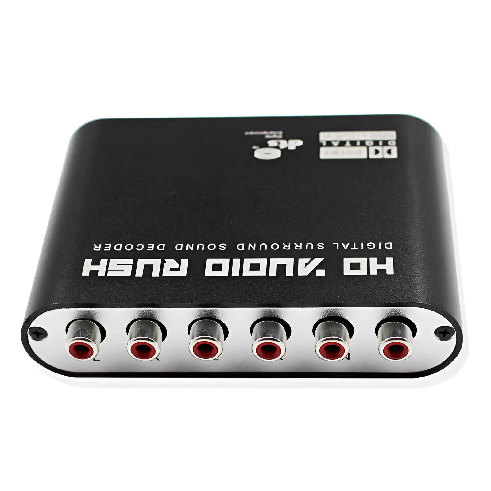 Black DTS digital to analogue audio decoder with optical coaxial and stereo inputs, 5.1 channel RCA outputs, and USB port