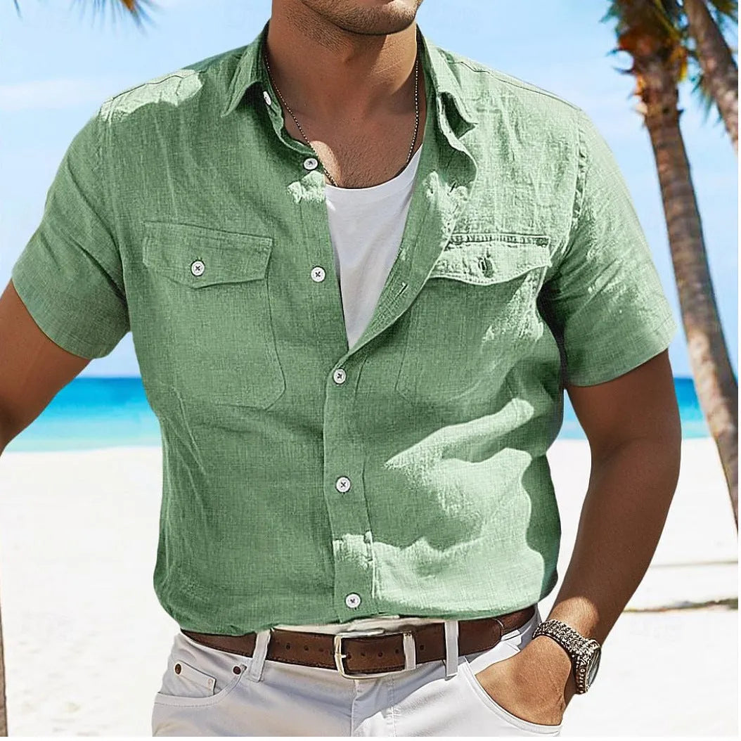 Men's loose fit linen summer shirt in a cotton cardigan style with a polo collar, shown in a solid colour.