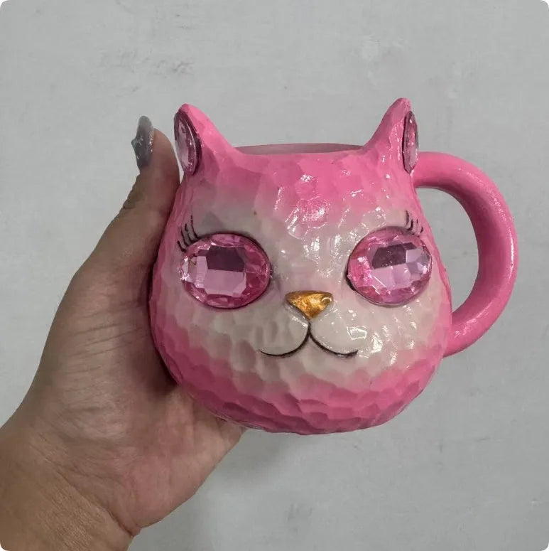 Crystal Earth Cat Cup resin decorative craft in blue, green, pink, or purple colour options