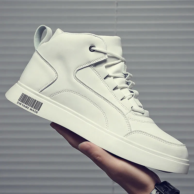 Men's white casual mid-top board shoes with round toe, lace-up front, and low-profile rubber sole.