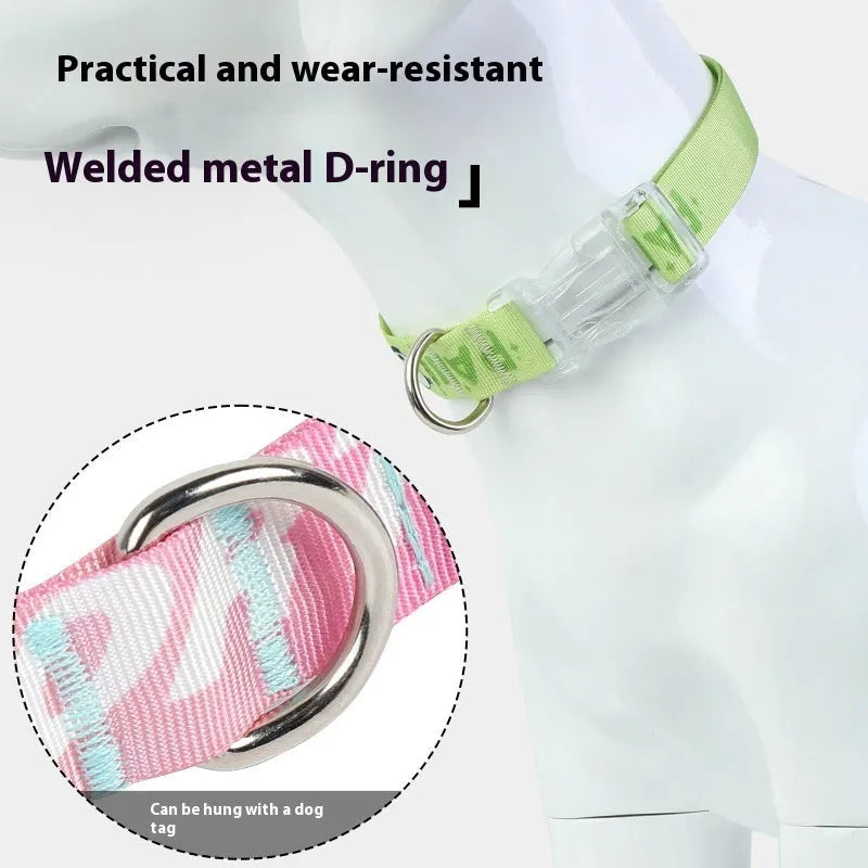 Cartoon patterned adjustable nylon dog collar in gradient colour and panda green, shown in S, M, L sizes.