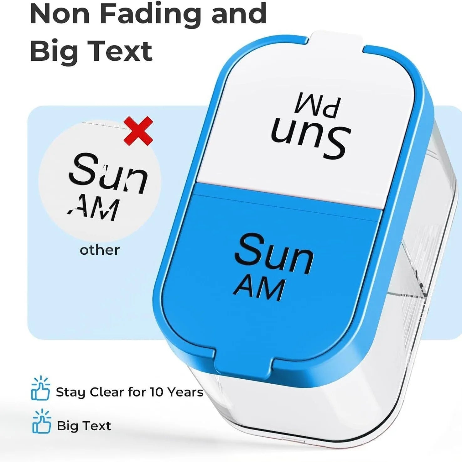 White and rainbow coloured Amazon extra large pill organiser with 14 removable compartments shown open.