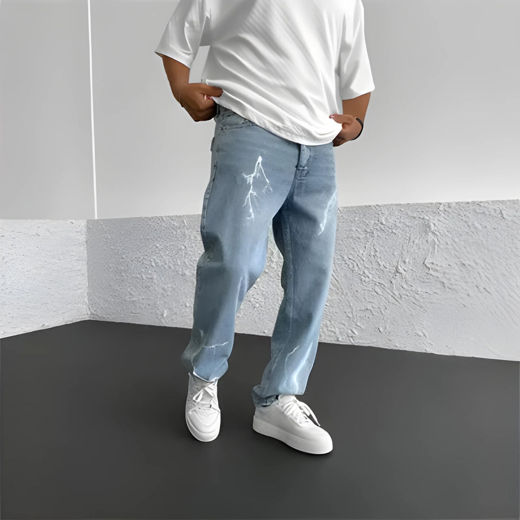 Men's blue straight-leg loose wide leg cotton denim trousers mid waist zip fly for teenagers