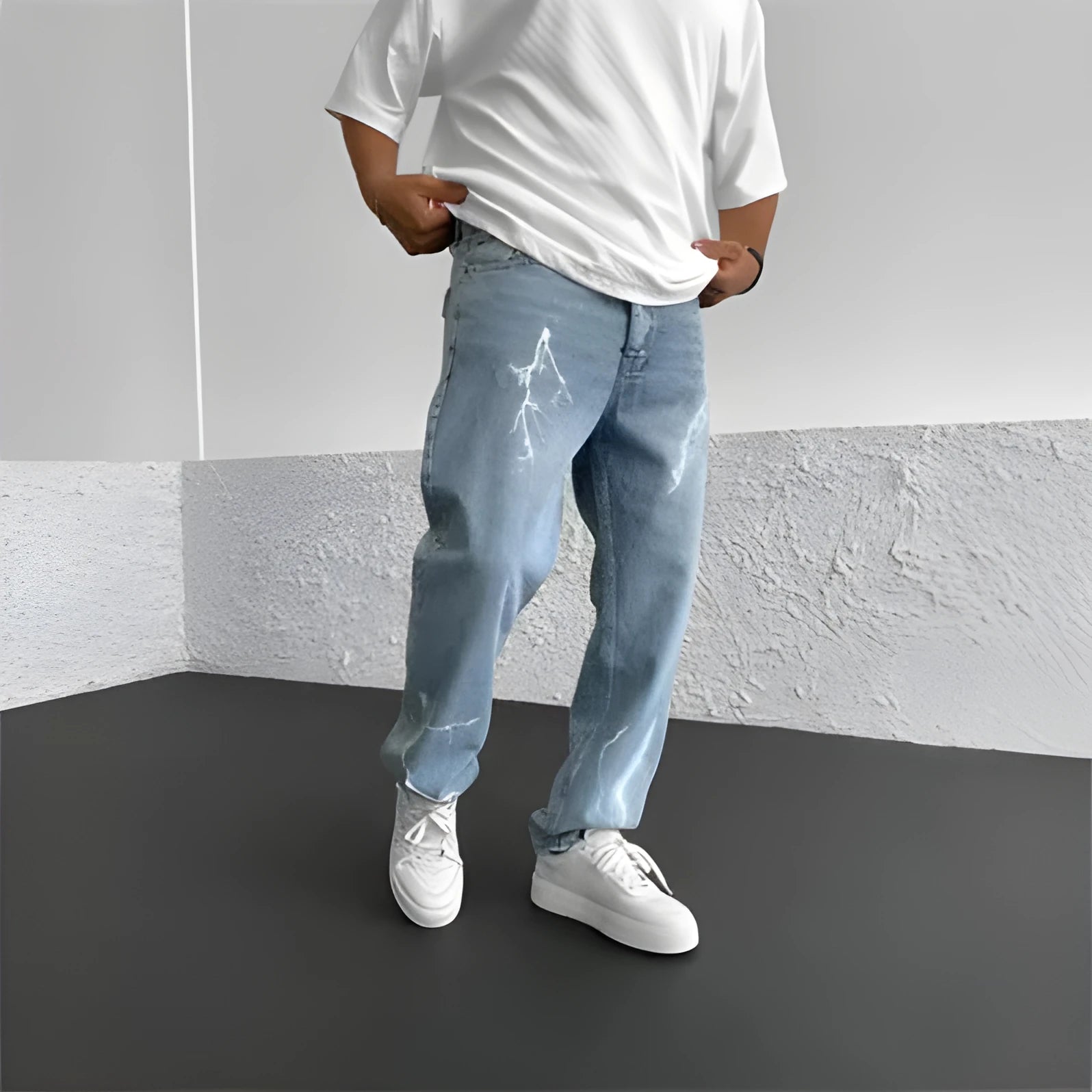 Men's blue straight-leg loose wide leg cotton denim trousers mid waist zip fly for teenagers
