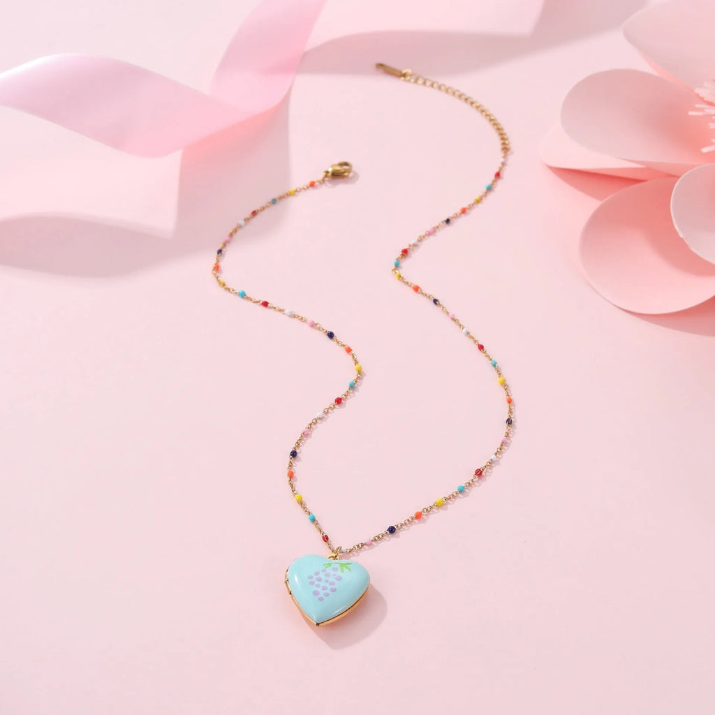 Women's gold plated stainless steel heart necklace with fruit pendant designs
