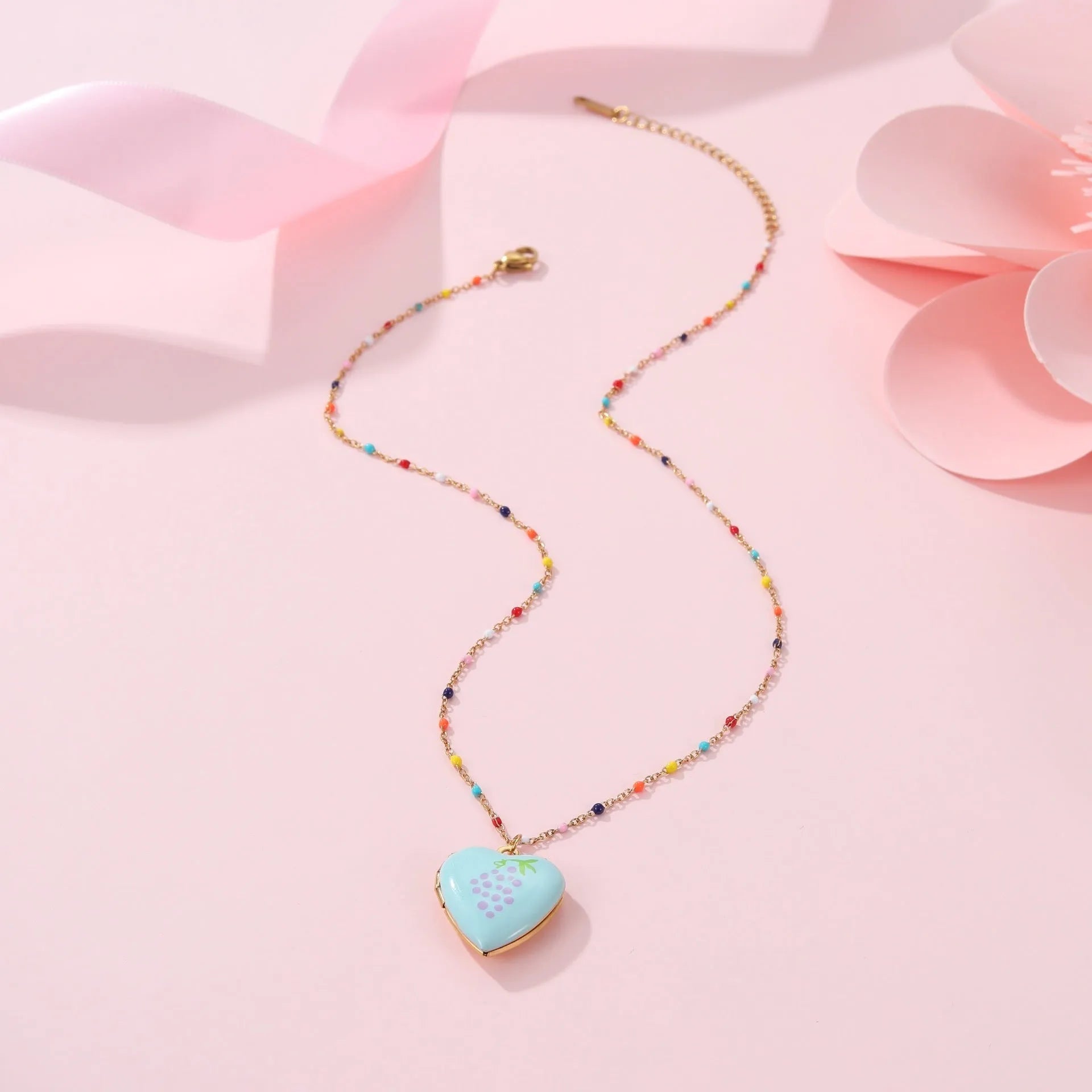 Women's gold plated stainless steel heart necklace with fruit pendant designs