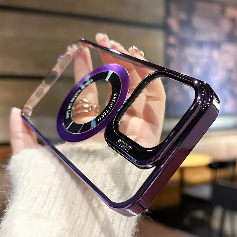 Magnetic leakage label phone case with electroplating finish for Apple iPhone 14 Pro Max, dark purple
