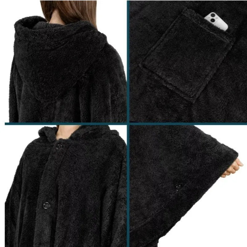 Thickened hooded bathrobe in polyester with long sleeves, available in pink, dark gray and black