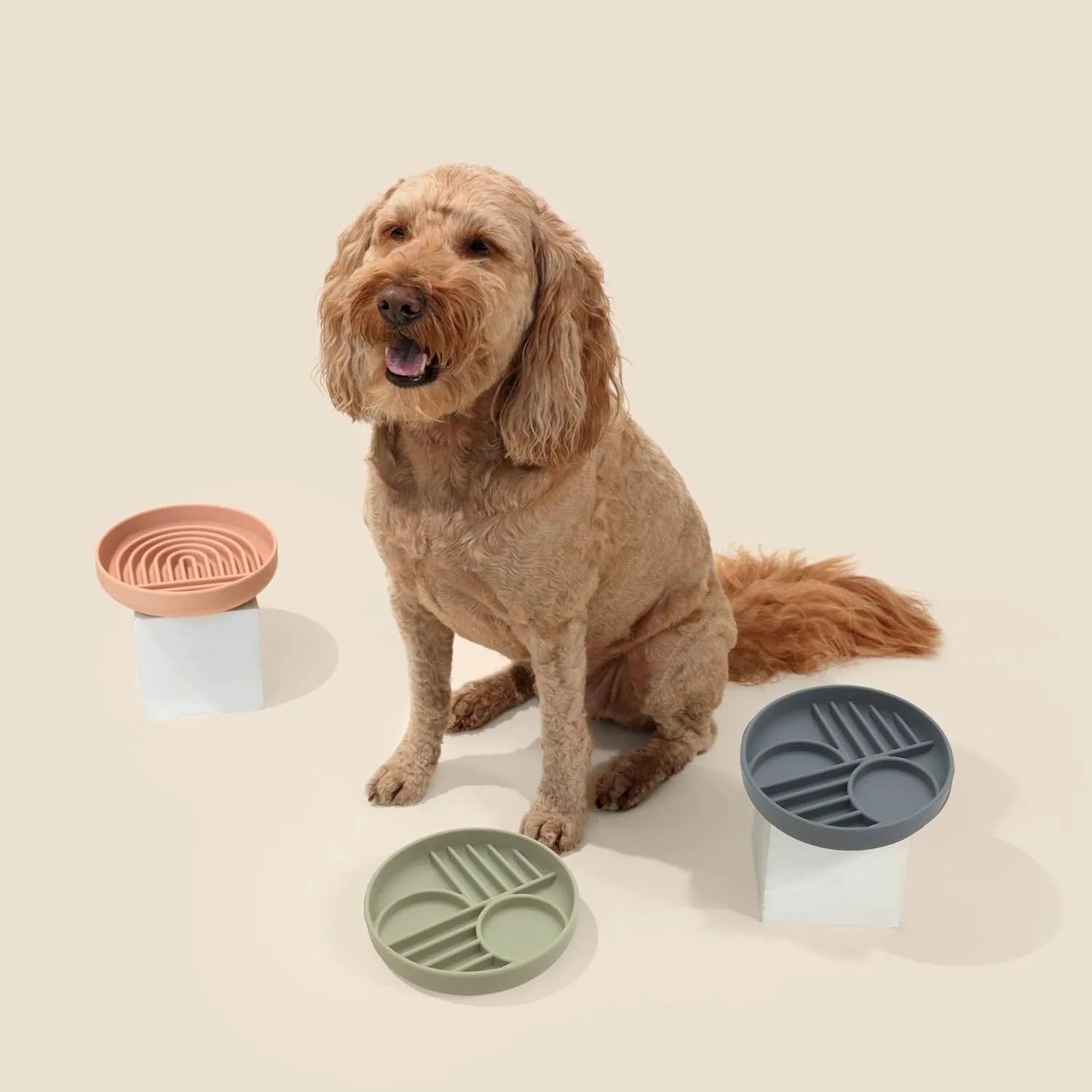 Silicone slow feeder dog bowl with ridges, shown in mustard green colour.