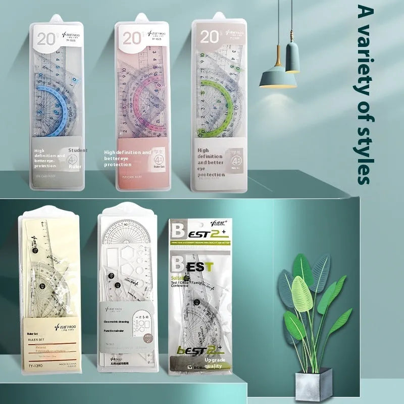 Youpai transparent acrylic ruler set with squares and protractor on a wooden desk