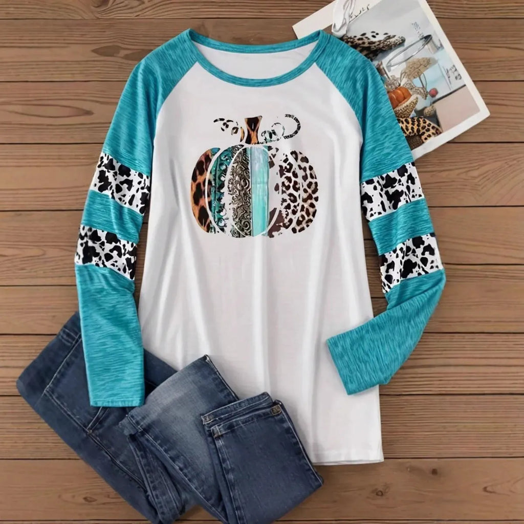 Halloween pumpkin 3D digital print sky blue casual T-shirt on white background
