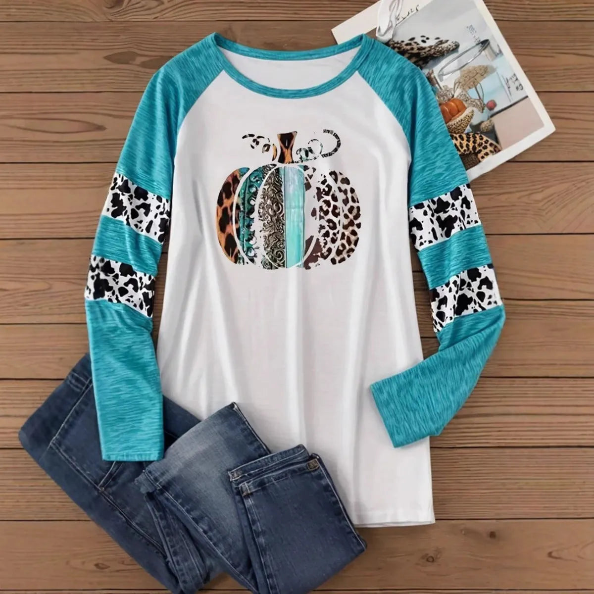 Halloween pumpkin 3D digital print sky blue casual T-shirt on white background