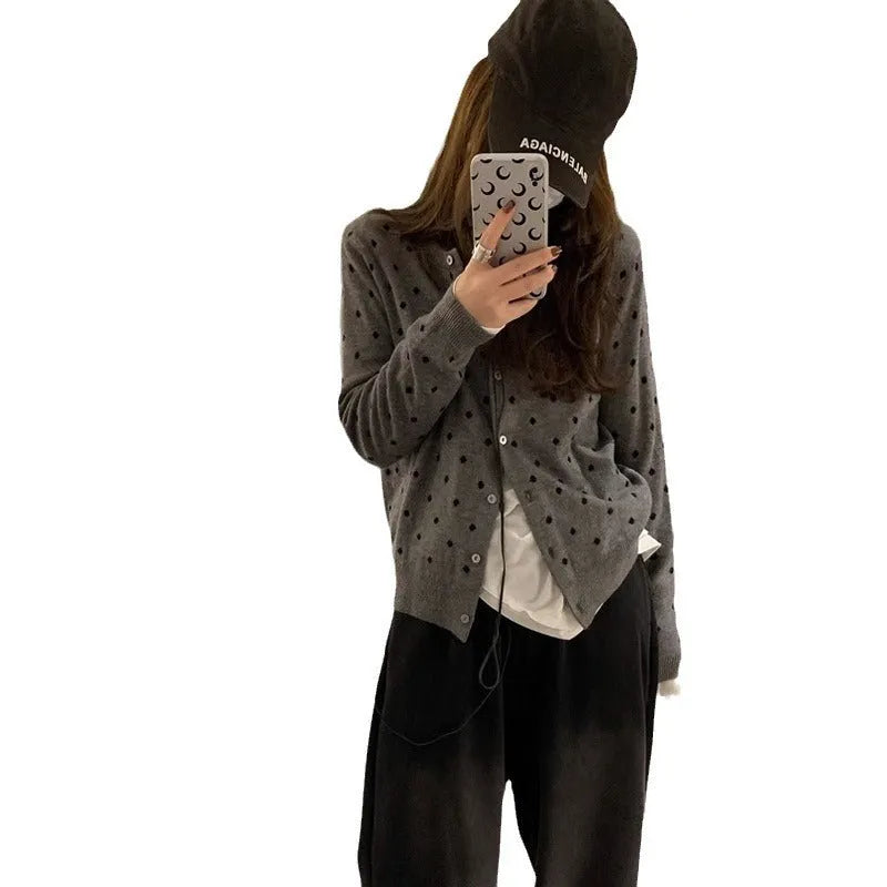 Women's grey dot pattern knitted cardigan with crocheted flower sleeves in loose fit free size