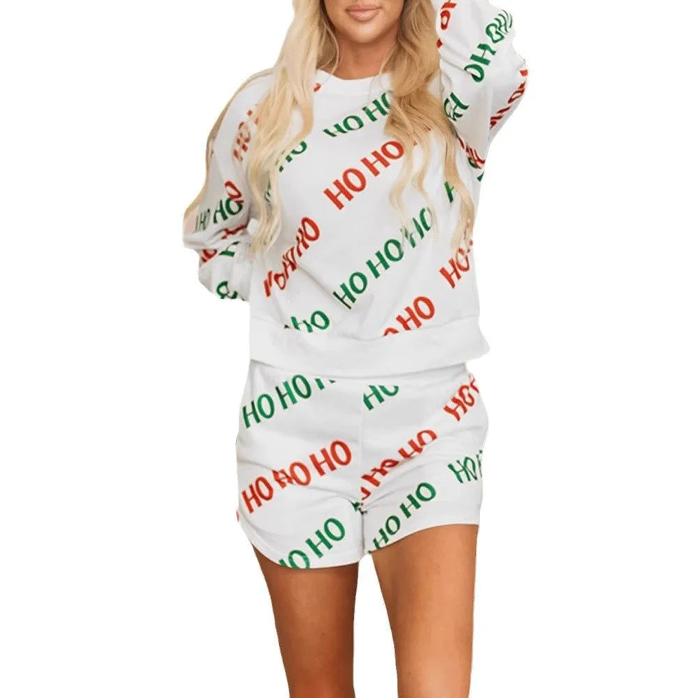 Women's white polyester two-piece suit with letters printed long sleeve top and matching trousers