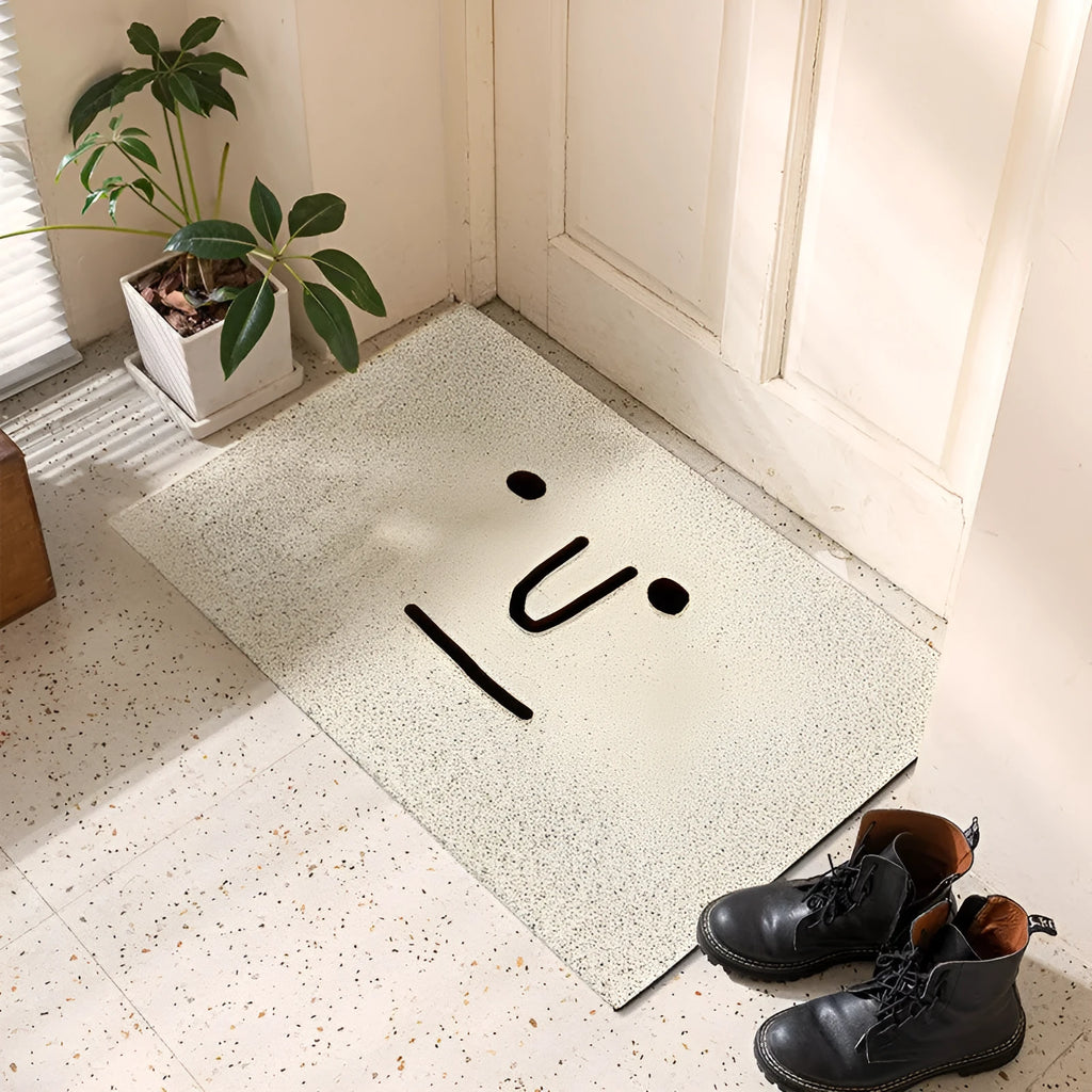 Square PVC floor mat with cartoon facial expression geometric pattern in Mr. Big Nose colour with anti-slip wire ring backing