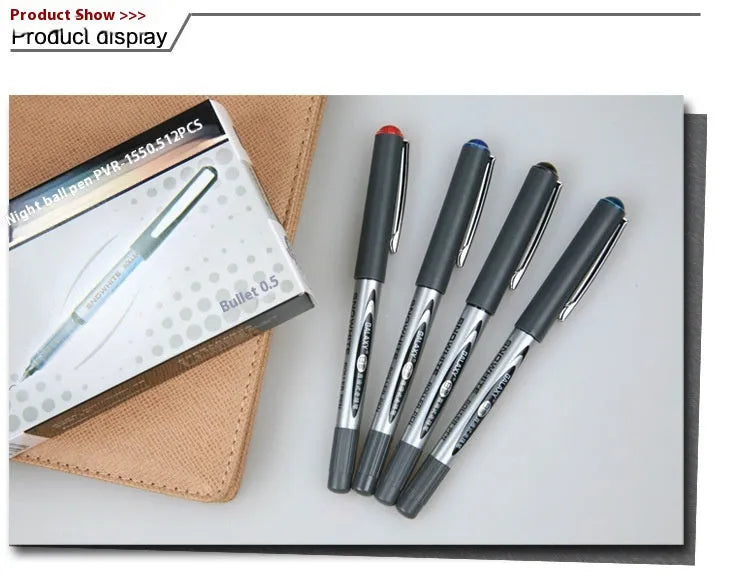 Box of twelve water-based quick-drying signature pens with 0.5mm fine tips in assorted ink colours.