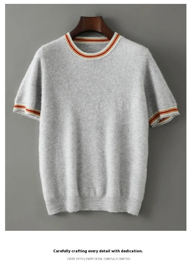 Men's pure wool short sleeve sweater with round neck in grey showing standard knit texture