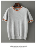 Men's pure wool short sleeve sweater with round neck in grey showing standard knit texture