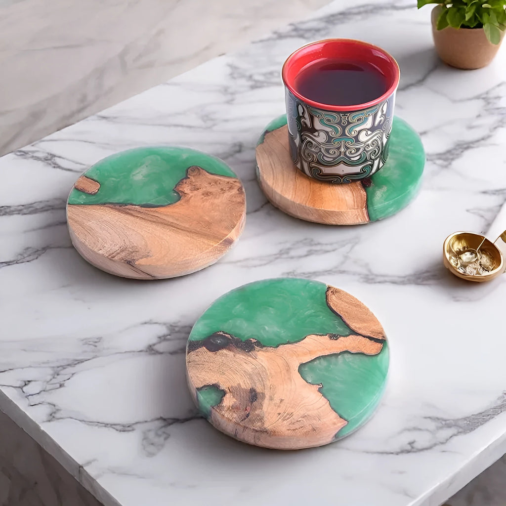Solid hardwood kung fu tea coaster with heat insulation resin splicing in round tumour green colour